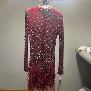 Hand Embellished Red Pearl & Feather Dress